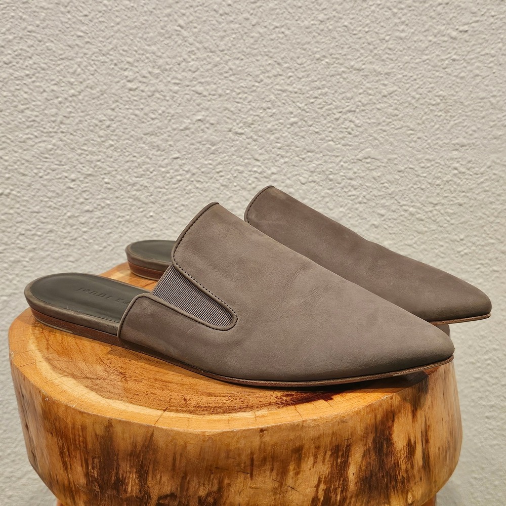 Jenni Kayne Pointed Toe Mules Gray Nubuck Leather Flat Slides Made in Italy 37